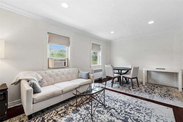 1833 Palmer Ave Unit 2C, Larchmont, NY 10538 - living room with radiator, wood finished floors, crown molding, recessed lighting, and baseboards
