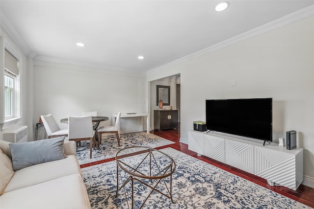 1833 Palmer Ave Unit 2C, Larchmont, NY 10538 - living area featuring wood finished floors, crown molding, recessed lighting, and baseboards