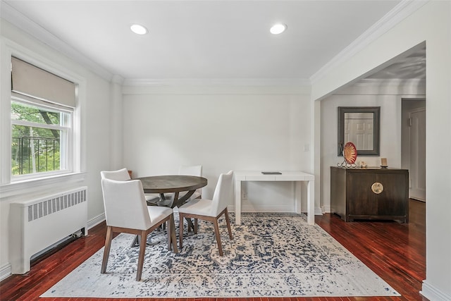 1833 Palmer Ave Unit 2C, Larchmont, NY 10538 - dining space featuring radiator, wood finished floors, ornamental molding, recessed lighting, and baseboards