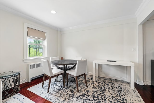 1833 Palmer Ave Unit 2C, Larchmont, NY 10538 - dining space featuring radiator heating unit, ornamental molding, wood finished floors, baseboards, and recessed lighting