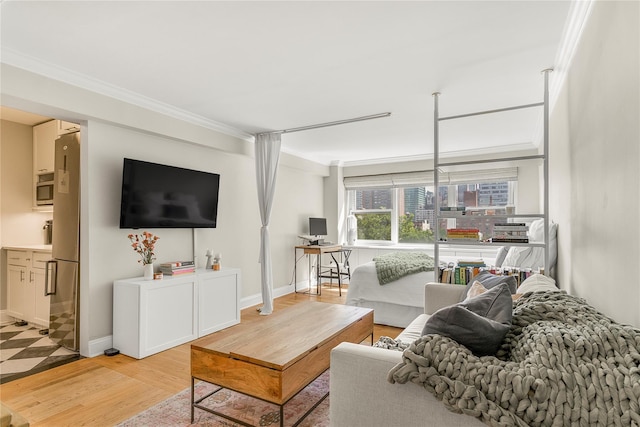 210 E 63rd St Unit 10E, New York Manhattan, NY 10065 - living room with ornamental molding, light wood-type flooring, and baseboards