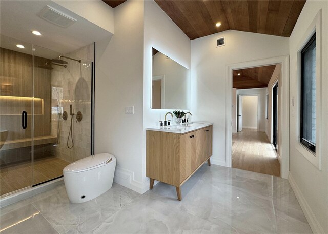 10 Lenape Rd, Southampton, NY 11968 - full bathroom with wood ceiling, marble tiled flooring, vanity, a shower stall, and vaulted ceiling