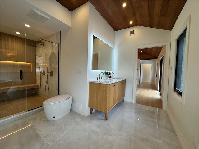 10 Lenape Rd, Southampton, NY 11968 - bathroom with marble tiled flooring, vanity, a shower stall, wooden ceiling, and recessed lighting