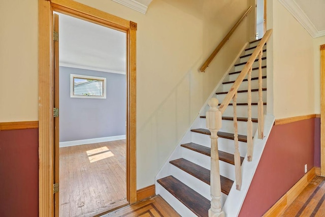 4 W Burda Pl, New City, NY 10956 - stairs with ornamental molding, hardwood / wood-style flooring, and baseboards