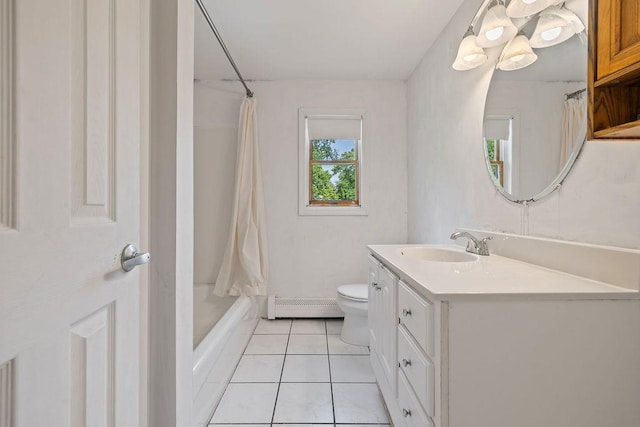 4 W Burda Pl, New City, NY 10956 - bathroom with a baseboard heating unit, vanity, toilet, tile patterned floors, and shower / bath combo with shower curtain