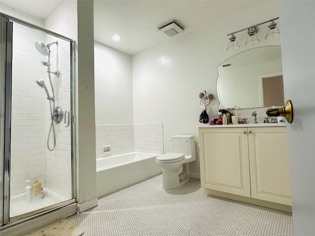 12 Yale Dr, Manhasset, NY 11030 - bathroom with a bath, vanity, a shower stall, toilet, and tile patterned flooring