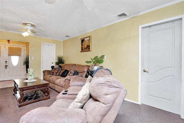 32 Cedar St, Lindenhurst, NY 11757 - living area featuring ceiling fan, baseboards, a textured ceiling, and ornamental molding