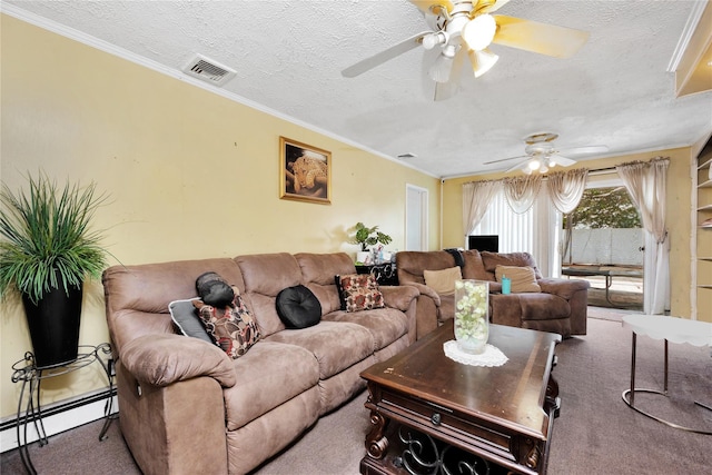 32 Cedar St, Lindenhurst, NY 11757 - living area featuring ceiling fan, a textured ceiling, carpet floors, baseboard heating, and crown molding