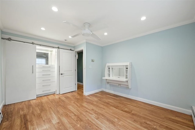 513 3rd St, Newburgh, NY 12550 - unfurnished bedroom featuring crown molding, light wood-style floors, recessed lighting, a baseboard radiator, and ceiling fan