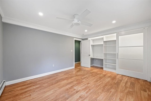 513 3rd St, Newburgh, NY 12550 - unfurnished bedroom featuring ornamental molding, light wood finished floors, recessed lighting, baseboard heating, and a ceiling fan