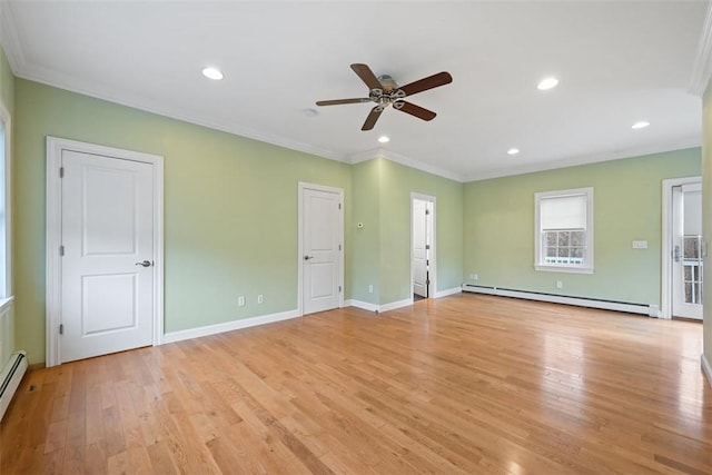513 3rd St, Newburgh, NY 12550 - spare room featuring crown molding, a baseboard heating unit, a ceiling fan, light wood finished floors, and recessed lighting