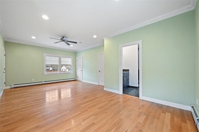 513 3rd St, Newburgh, NY 12550 - empty room featuring a baseboard radiator, crown molding, a ceiling fan, light wood-type flooring, and recessed lighting