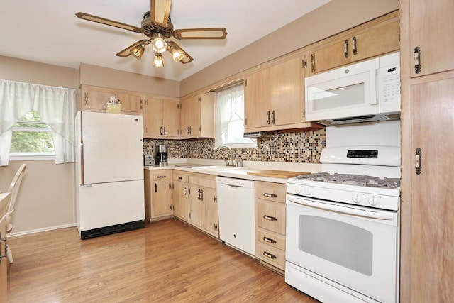 11 Claremont Ln, Suffern, NY 10901 - kitchen featuring white appliances, light countertops, backsplash, light brown cabinets, and ceiling fan