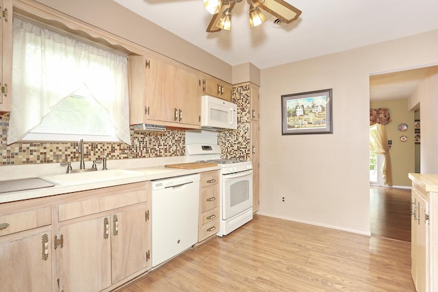 11 Claremont Ln, Suffern, NY 10901 - kitchen featuring white appliances, ceiling fan, light brown cabinets, decorative backsplash, and light countertops