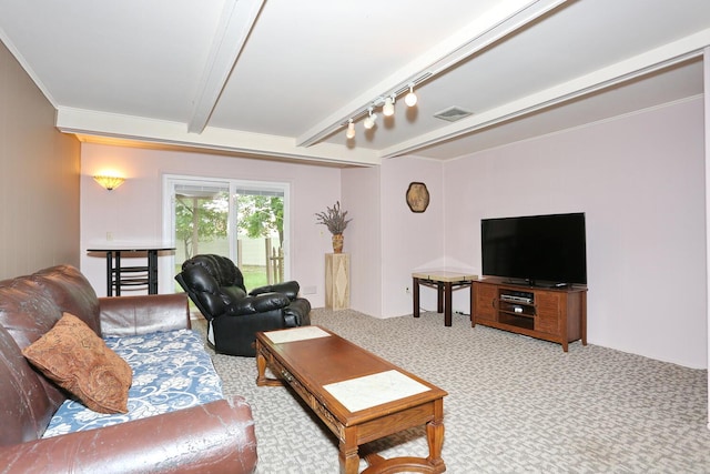 11 Claremont Ln, Suffern, NY 10901 - living room featuring carpet floors, ornamental molding, and beamed ceiling
