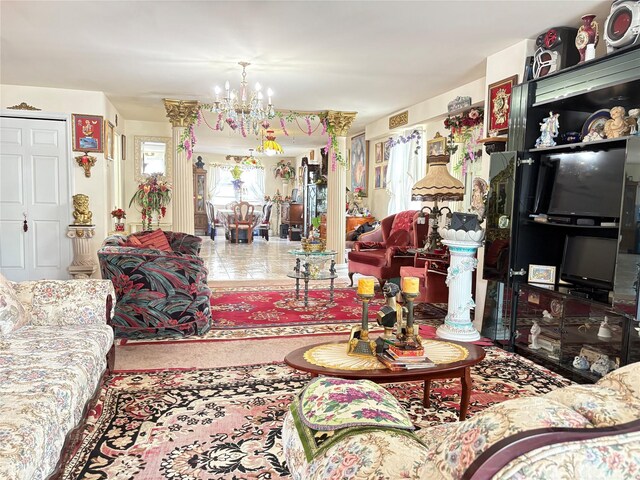 148 Bch 97th St, Rockaway Beach, NY 11693 - tiled living room with a chandelier
