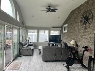 738 Craft Ave, Franklin Square, NY 11010 - sunroom / solarium with high vaulted ceiling, a ceiling fan, and wood finished floors