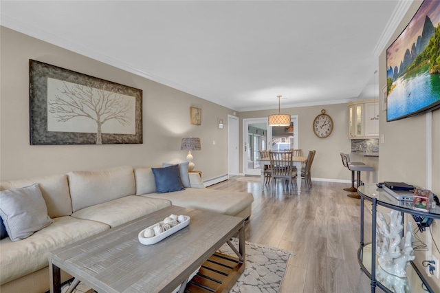738 Craft Ave, Franklin Square, NY 11010 - living area with a baseboard radiator, crown molding, and light wood-type flooring
