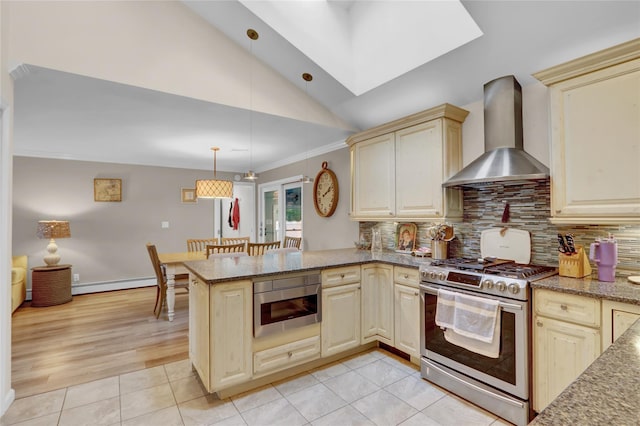 738 Craft Ave, Franklin Square, NY 11010 - kitchen featuring wall chimney exhaust hood, stainless steel range with gas cooktop, cream cabinetry, tasteful backsplash, and lofted ceiling