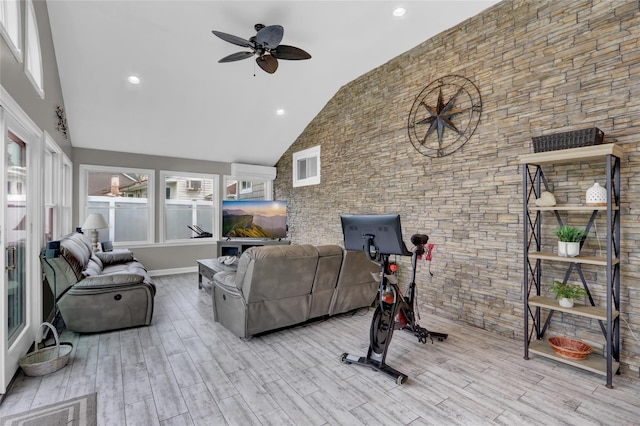 738 Craft Ave, Franklin Square, NY 11010 - exercise room with high vaulted ceiling, a ceiling fan, wood finished floors, and recessed lighting