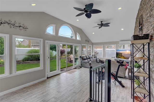 738 Craft Ave, Franklin Square, NY 11010 - sunroom featuring wood finished floors, high vaulted ceiling, recessed lighting, and a wooden deck