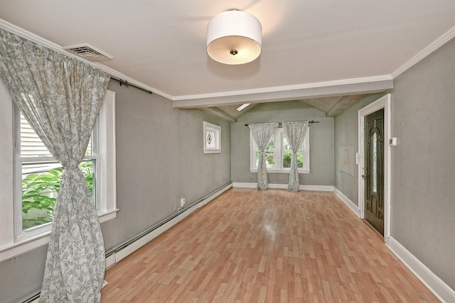 426 Lakeview Rd, Bellmore, NY 11710 - spare room featuring wood finished floors, baseboard heating, baseboards, a baseboard radiator, and ornamental molding