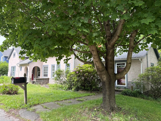 13 Rockland Rd, Roscoe, NY 12776 - view of property hidden behind natural elements with stone siding, stucco siding, and a front lawn