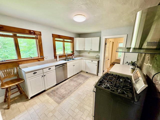 13 Rockland Rd, Roscoe, NY 12776 - kitchen featuring stainless steel dishwasher, gas stove, ventilation hood, light countertops, and white cabinetry
