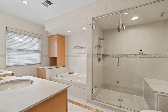 81 Hidden Ridge Dr, Syosset, NY 11791 - full bathroom with a jetted tub, a stall shower, vanity, tile patterned floors, and recessed lighting