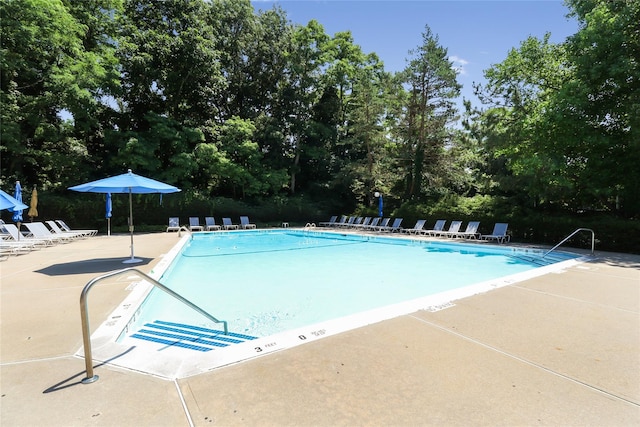 81 Hidden Ridge Dr, Syosset, NY 11791 - community pool with a patio area and view of scattered trees