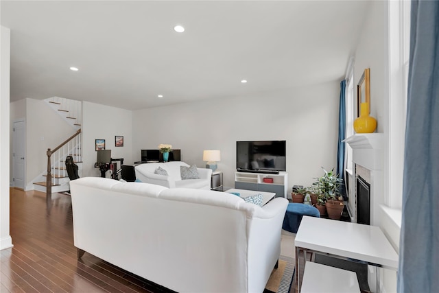 20 Dennis Ln, Pleasantville, NY 10570 - living area featuring stairs, wood finished floors, recessed lighting, and a fireplace