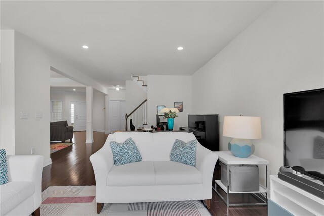 20 Dennis Ln, Pleasantville, NY 10570 - living room with stairs, wood finished floors, and recessed lighting