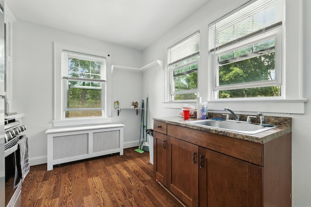 305 Columbus Ave, Harrison, NY 10604 - kitchen featuring radiator heating unit, stainless steel stove, and dark wood-style flooring