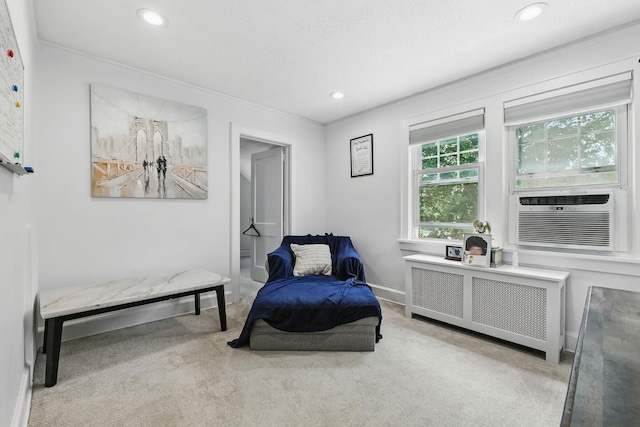 305 Columbus Ave, Harrison, NY 10604 - living area featuring radiator heating unit, carpet flooring, cooling unit, recessed lighting, and crown molding