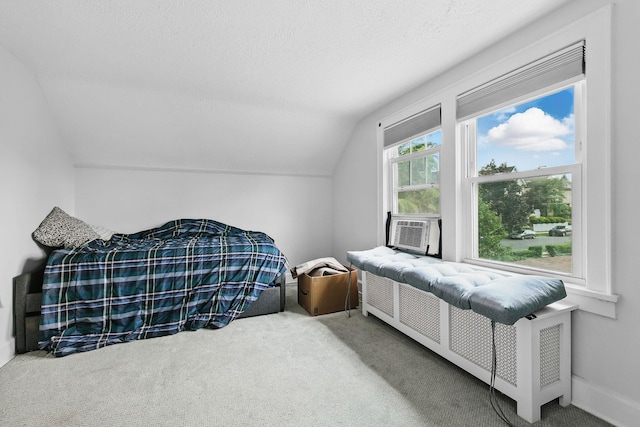 305 Columbus Ave, Harrison, NY 10604 - bedroom featuring lofted ceiling, carpet flooring, cooling unit, and a textured ceiling