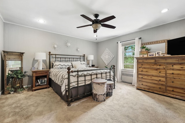 305 Columbus Ave, Harrison, NY 10604 - carpeted bedroom featuring radiator, ornamental molding, recessed lighting, and ceiling fan