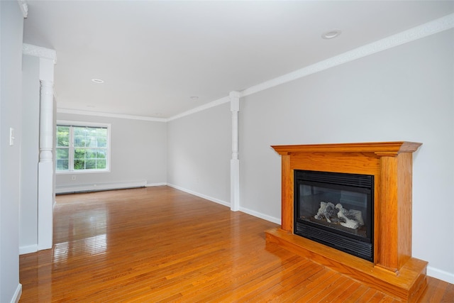 15 Pond St, Poughkeepsie, NY 12603 - unfurnished living room with a baseboard radiator, wood finished floors, a glass covered fireplace, baseboards, and crown molding