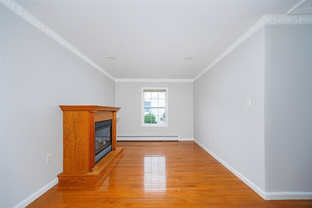15 Pond St, Poughkeepsie, NY 12603 - unfurnished living room featuring baseboard heating, light wood-style floors, baseboards, ornamental molding, and a glass covered fireplace
