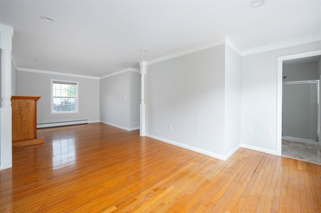 15 Pond St, Poughkeepsie, NY 12603 - unfurnished room featuring a baseboard radiator, light wood-style flooring, crown molding, and baseboards