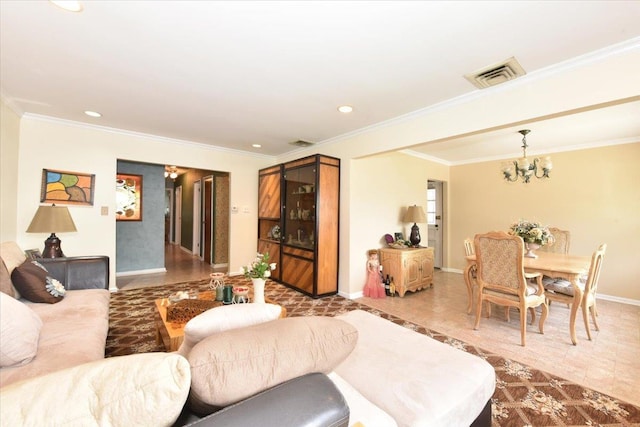 8519 212th St, Hollis Hills, NY 11427 - tiled living room with a chandelier, crown molding, and recessed lighting