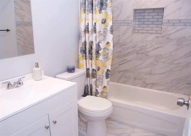 8 W Narcissus Rd, Mastic Beach, NY 11951 - full bath featuring shower / bathtub combination with curtain, vanity, and marble look tiles