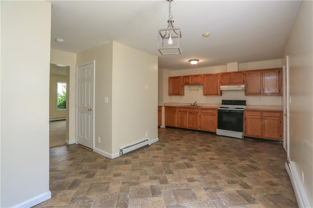 117 Bethune Blvd Unit 3, Spring Valley, NY 10977 - kitchen featuring white electric range, baseboard heating, under cabinet range hood, stone finish floors, and hanging light fixtures