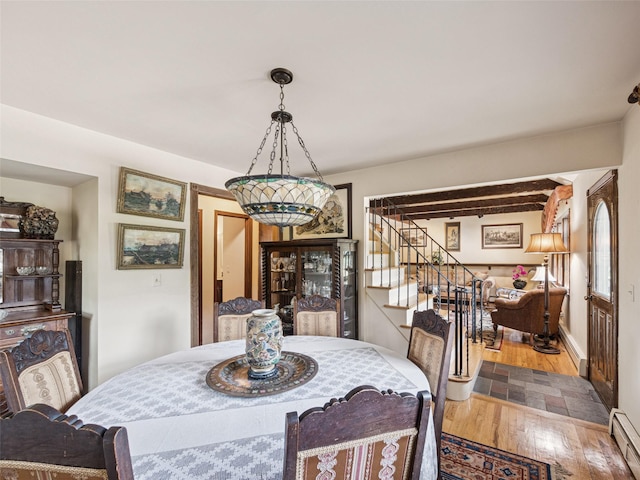 347 Scudder Ave, Northport, NY 11768 - dining space featuring stairway, hardwood / wood-style flooring, and a baseboard heating unit