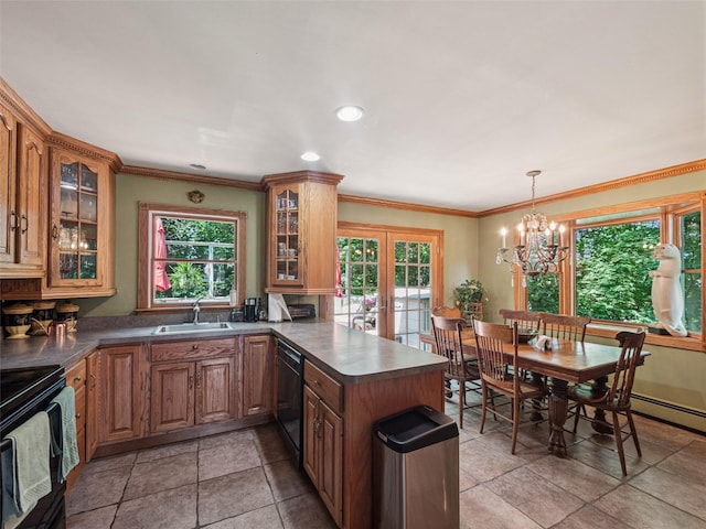 347 Scudder Ave, Northport, NY 11768 - kitchen with black appliances, a peninsula, plenty of natural light, french doors, and ornamental molding