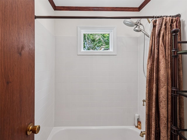 347 Scudder Ave, Northport, NY 11768 - full bath with shower / tub combo with curtain and ornamental molding