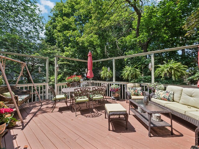 347 Scudder Ave, Northport, NY 11768 - wooden deck with an outdoor hangout area, outdoor dining space, and view of scattered trees