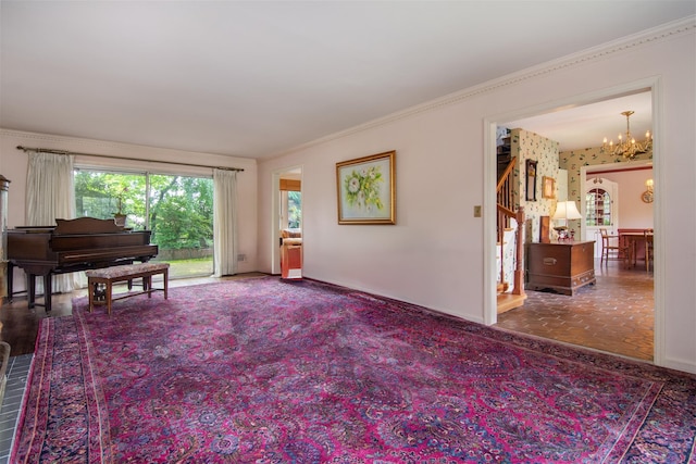 3 Little Ln, White Plains, NY 10605 - living area featuring a chandelier, stairs, and crown molding