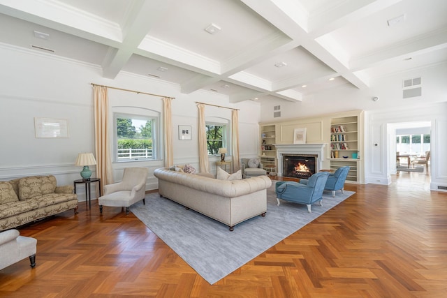 1750 Mount Beulah Ave, Southold, NY 11971 - living room with coffered ceiling, beam ceiling, and a lit fireplace