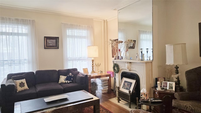 14436 32nd Ave, Flushing, NY 11354 - living room featuring wood finished floors, ornamental molding, and a fireplace with flush hearth