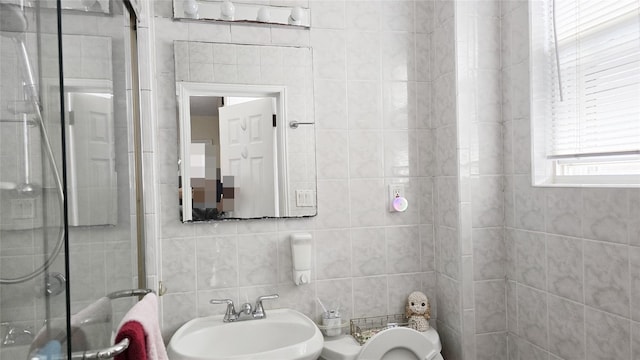 14436 32nd Ave, Flushing, NY 11354 - full bathroom with tile walls, a shower stall, and tasteful backsplash